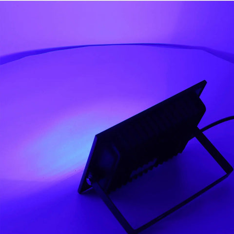Onythral LED Flood Light in back view, showcasing sleek design and purple illumination, ideal for outdoor use.