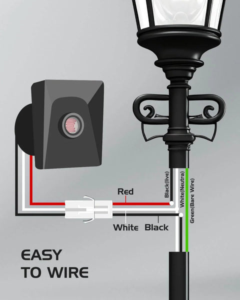 Photoelectric Switch For Outdoor Post Lights With Dusk To Dawn Sensor and wiring diagram next to black post light.
