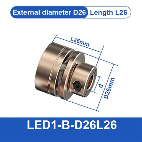 Flexible Motor Shaft Coupler With Aluminium Diaphragm Design For 3D Printer And RC Projects Featuring Universal Joint Compatibility In D26L26 dimensions, showing size dimensions.