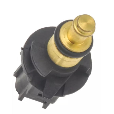 Close-up of engine coolant temperature sensor with brass body and black plastic connector