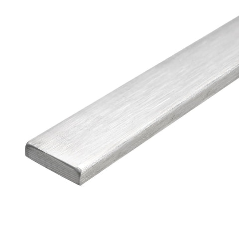 Close-up of 316L stainless steel flat bar, brushed finish, 1/8 in thick x 25/32 in wide, 12 in long