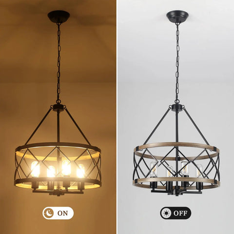 Black Farmhouse Chandelier for Dining Room with Six Candle Style Heads, Rustic Industrial Design with On and Off View