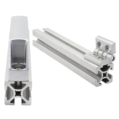 1010 Aluminum Profile Hinges And Door Handles Kit for 1 inch by 1 inch extrusion, showing aluminum hinge and handle for 10 series pivot hinges.