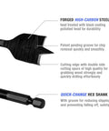 Close-up of a spade bit highlighting the high-carbon steel, black coating, and quick-change hex shank for Pro Grade Spade Drill Bit Set For Woodworking, 10-Piece With Black Coating And High Carbon Steel Paddle Bits, 1/4 To 1-1/2 Inch, Includes Storage Case, Quick Chip Removal, Clean Holes.
