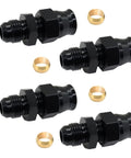 Four black aluminum 6AN male flare to 3/8 in tube fuel line straight fittings with brass compression rings.