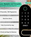 Slick Built In Wifi Smart Door Lock With Handle And Keypad Quick Keyless Fingerprint Biometric Scanner App Remote Access Auto Lock Front Door No Sweat Diy Setup close-up showing keypad and biometric features.