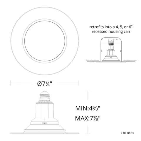 Slick LED Recessed Retrofit Light illustration showing dimensions for 4, 5, or 6 inch housing can installation.