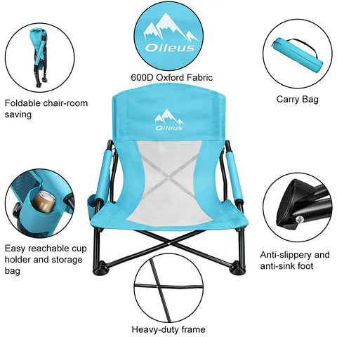 Low Beach Chair for Beach Tent and Camping, Ultralight Folding Recliner With Cup Holder, features and design overview.