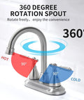 Brushed Nickel Two Handle Centerset Bathroom Faucet For 4 Inch Sinks with 360 Degree Swivel Spout showcasing hot and cold rotation