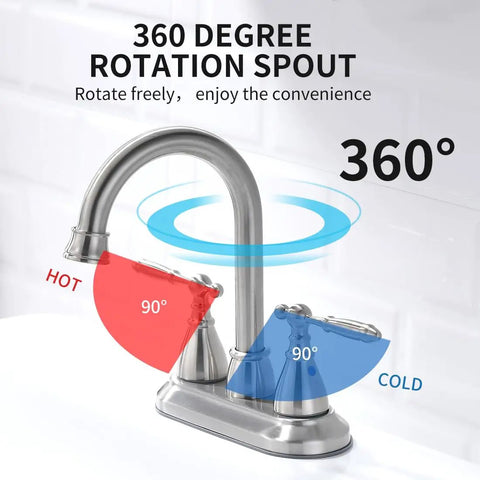 Brushed Nickel Two Handle Centerset Bathroom Faucet For 4 Inch Sinks with 360 Degree Swivel Spout showcasing hot and cold rotation