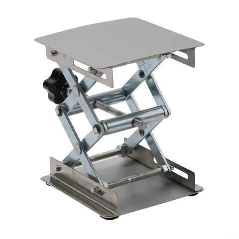 Top Shelf Heavy Duty Stainless Steel Lift Table With Manual Adjustable Height Screws For Precision Milling Machines And Industrial Woodworking Setup Durable Scissor Jack Platform with compact design and sturdy build.