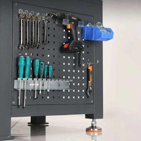 Top Notch Polished Mold Maintenance Bench with 8mm Thickened Steel Plate and Rock Solid Frame Built Tough for Serious Shop Projects. Tools mounted on pegboard.
