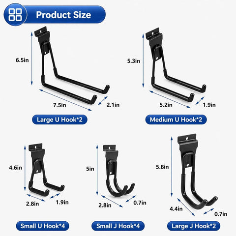 Heavy Duty Slatwall Hook Set 14 Pack For Garage Organization And Tool Storage, Ultra Durable Steel, size chart and dimensions