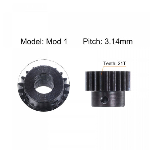 Universal Mod 1 Pinion Gear 21T 8mm Bore Hardened Steel Motor Rack Spur Gear for RC Car Truck Buggy Upgrade side and front view.