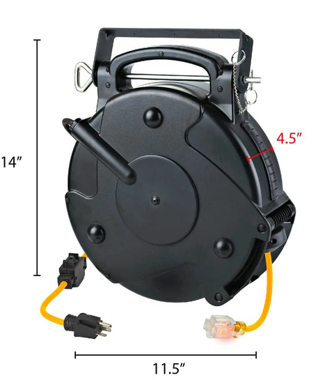 Heavy Duty 36 Foot Retractable Extension Cord Reel With 12 3 SJTOW Wiring 20 Amp Single Tap Industrial Cord with dimensions visible