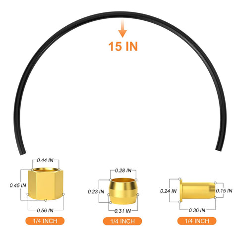 Front view of GASHER 15-inch air compressor unloader tube kit; black tube with 1/4-inch brass fittings and ferrules