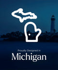 Silhouette of Michigan state with lighthouse background, text 'Proudly Designed in Michigan'