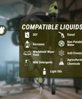 List of compatible liquids for the Heavy Duty Electric Drum Pump including DEF, diesel, and agricultural chemicals.