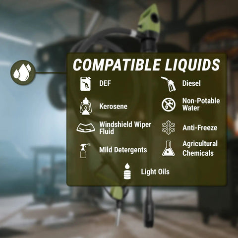 List of compatible liquids for the Heavy Duty Electric Drum Pump including DEF, diesel, and agricultural chemicals.