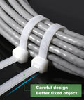 Close-up of 18 Inch Zip Ties Heavy Duty 60 Pound Cable Ties 100 Pack Outdoor UV Resistant Nylon Ties securing cables.