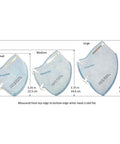 Three NIOSH N95 Respirator Plus masks in small, medium, and large sizes, showing dimensions for a comfy, secure fit, ASTM F1862 approved.