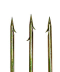 Pro Grade Three-Prong Spearfishing Harpoon Tip 8mm Stainless Steel With Chrome Gold Barbed Fork Finish, close-up of tips
