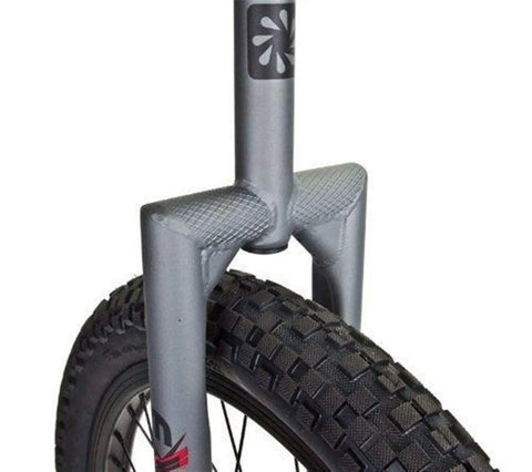 Close-up of rugged high-tensile steel frame and all-weather traction tire on the Flat Top Extreme Unicycle for Tough Trails and Street Stunts