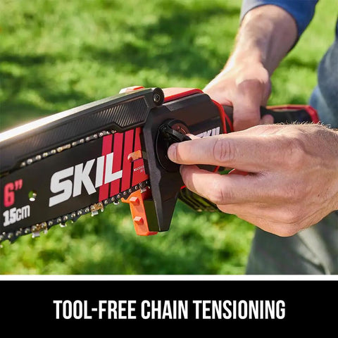 Hands adjusting tool-free chain tension on Six Inch Mini Cordless Chainsaw Kit With Brushless 20V Power PWR CORE 20 2.0Ah Battery And Charger