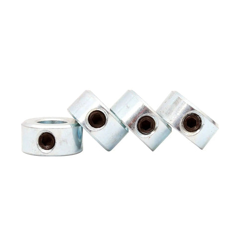 Shaft Collars Five Sixteenth Inch Bore Zinc Plated Pro Grade Solid Steel Four Pack With Ten Thirty Two By One Eighth Inch Set Screws in angled view
