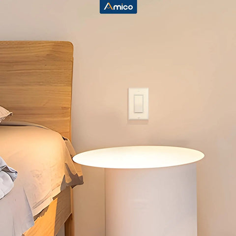 Installed white single pole light switch in a bedroom setting, part of 30 Pack Single Pole Light Switch With Wall Plate UL Listed 15A 120/277V On/Off Rocker Paddle Interrupter Grounding Screw Residential Grade For Home And Business White For Pros And DIYers