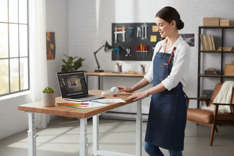 Rock Solid Height Adjustable Workbench With Premium Hardwood Surface And Hella Heavy Duty Steel Base Tough Garage Workstation For Daily Shop Jobs And Comfortable Ergonomic Workflow 48 X 24 Inch Table in a modern workspace with a woman using it.