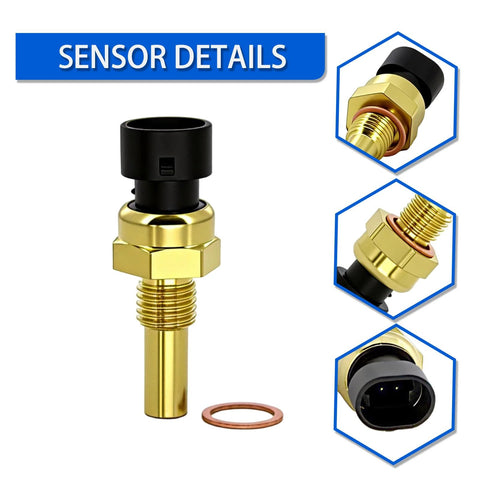 Front view engine coolant temperature sensor with brass body, black plastic connector, threaded stem and copper washer.