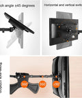 Hella Sturdy Universal Television Stand Featuring Slick Rolling Wheels Adjustable Height Base Cable Routing Tray Fits 17 To 27 Inch Screens Dual Display Ready top view of display mount with pitch and three-axis rotation details