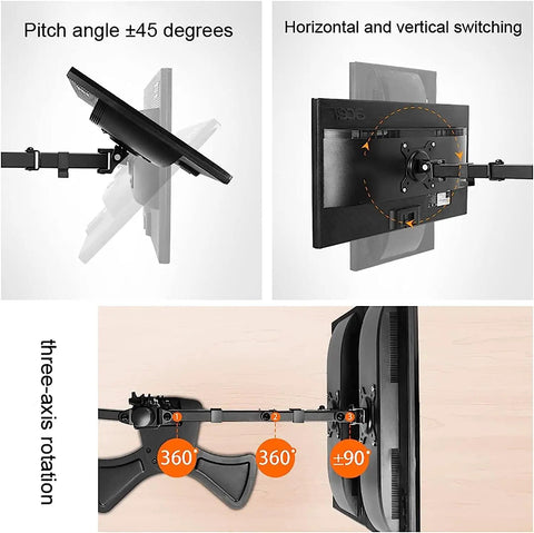 Hella Sturdy Universal Television Stand Featuring Slick Rolling Wheels Adjustable Height Base Cable Routing Tray Fits 17 To 27 Inch Screens Dual Display Ready top view of display mount with pitch and three-axis rotation details
