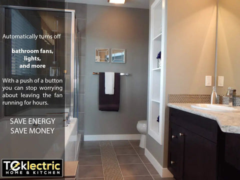 Modern bathroom with One-Touch Auto Shut Off Timer for bathroom fans, white finish, wall plate, 5 10 15 30 minute presets visible.