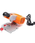 No Sweat Mini Benchtop Chop Saw 45 Degree Miter Angle Cutter For Quick Wood And Metal Cuts with adjustable handle and safety features.