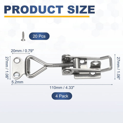 Four Pack Heavy Duty Toggle Latch Clamps In 304 Stainless Steel, Quick Release Hasps With Lock Hole, Adjustable Latches For Cabinets, Smokers, Trunks And Cases, Durable Silver Hardware For Secure Lids And Jigs. 110x27mm dimensions