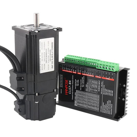 Front view of servo motor with brake and CL57-BK driver module; black housing and green terminal blocks.