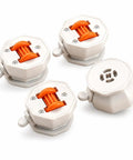 Heavy Duty Stick On Mini Caster Wheels With 360 Swivel Action And One Touch Brake Lock For Appliances Furniture Glide Like Butter Smooth Roll Set Of Four Vibrant Orange, showing four caster wheels with orange rollers.