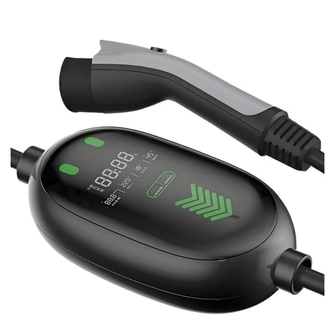 Straight Up Super Fast Reliable Portable EVSE With Type 2 Cable And Sae J1772 Adapter display and connector detail.
