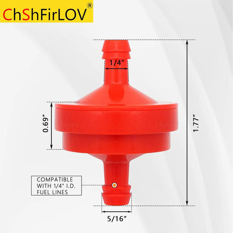 Inline Lawn Mower Fuel Filter One Quarter Inch Fuel Line 75 Micron Replacement Filter Pack shown with dimensions