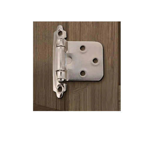 Close-up of Two Pack Cupboard Door Flush Hinges With Screws For Overlay Cabinets, Smooth Soft Close Operation, on wood panel.
