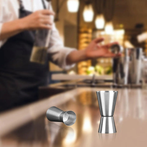 Two Piece Stainless Steel Double Head Measuring Cup 1 Oz 2 Oz Jigger For Cocktails Barware Japanese Style Silver Bar Grade Drink Measuring Tool For Home Bar Pros And Restaurants And Home Kitchens Dishwasher Safe, shown on bar counter