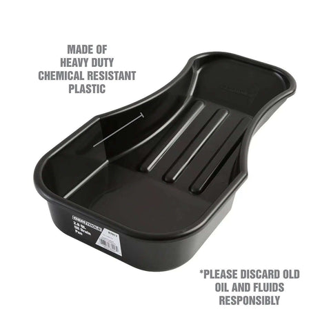 Low Profile Oil Drain Pan With Gooseneck Design 2.8 Quart Heavy Duty Chemical Resistant Plastic Garage Ready
