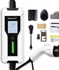 Kickin Ass Portable EV Charger Level 1 And 2 Delivers 40 Amp 9.6KW Power With J1772 And Tesla NACS Adapters showing control box and accessories.