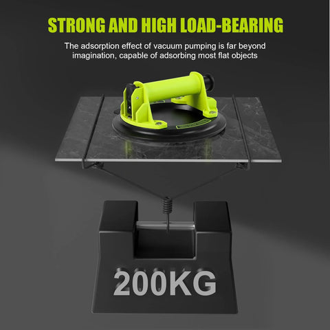 DEWINNER 8-inch glass suction lifter in lime green on a glass panel, 200 kg capacity