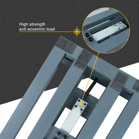 Close-up of heavy duty digital platform scale's anti-eccentric load system, showcasing durable design and material.