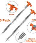 Heavy Duty Tent Stakes 20 Pack 9.75 Inch Ground Pegs Durable Galvanized Iron Stakes with T Shaped Top and orange accents