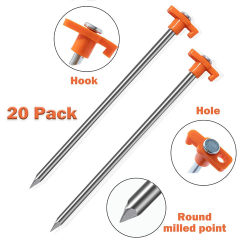 Heavy Duty Tent Stakes 20 Pack 9.75 Inch Ground Pegs Durable Galvanized Iron Stakes with T Shaped Top and orange accents