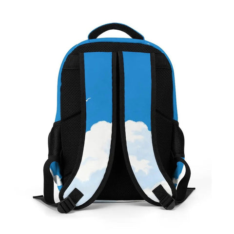 Back view of Free As A Bird Printed Unisex Backpack with large capacity, polyester material, breathable lightweight design, smooth zipper.